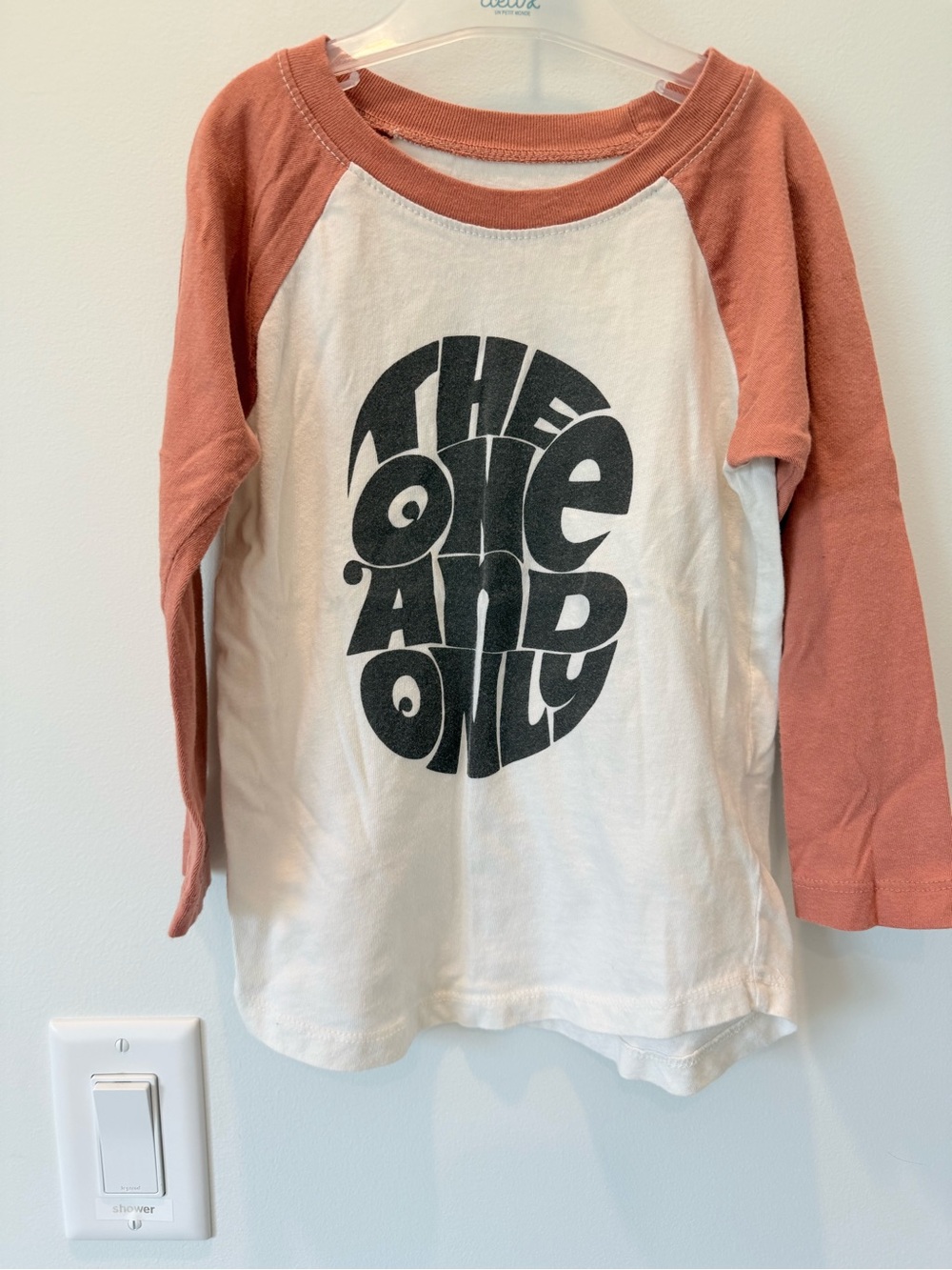 Tiny Whales Kids Raglan Long Sleeve Shirt - Rust Pink/White "The One And Only" 3